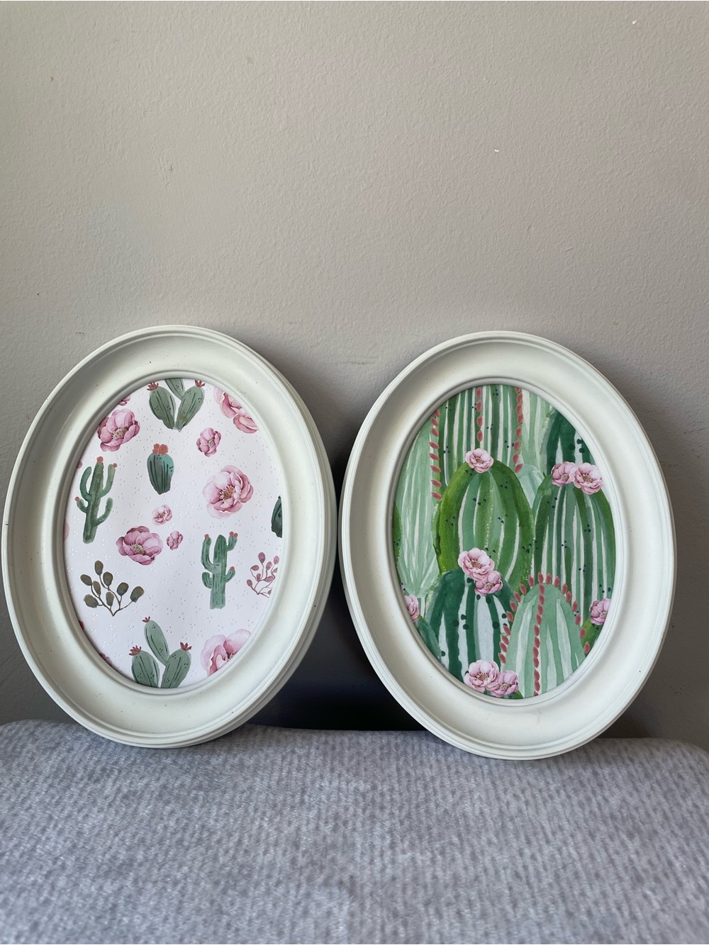 Set of 2 Oval White Picture Frames with Cactus Botanical Art